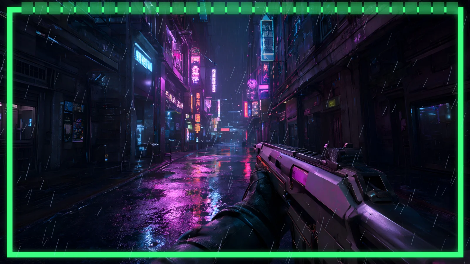 A HUD frame and a rain overlay on a cyberpunk gameplay scene, made in DaVinci Resolve