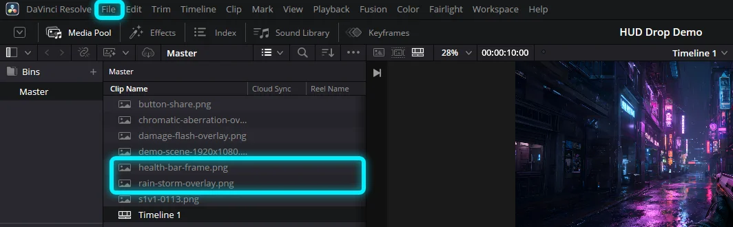 DaVinci Resolve's File menu and the Media Pool listing the imported HUD Drop PNGs