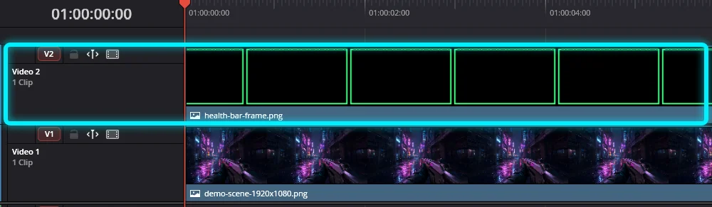 Timeline with the gameplay clip on track V1 and a HUD frame on track V2