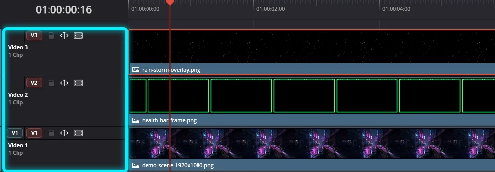 Timeline with the gameplay on V1, the Health Bar Frame on V2 and the Rain Storm Overlay on V3