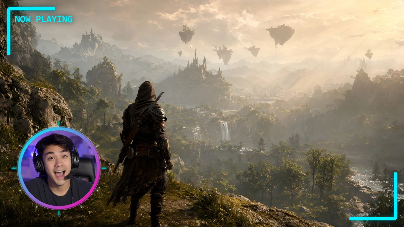 A Now Playing frame and a circle webcam frame over a fantasy game scene, set up in OBS Studio