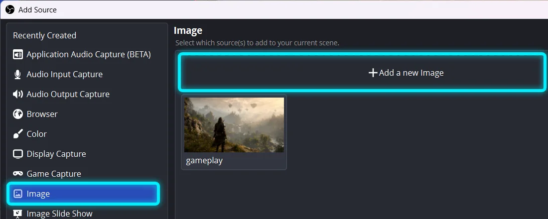 OBS's Add Source window with Image selected and the Add a new Image button