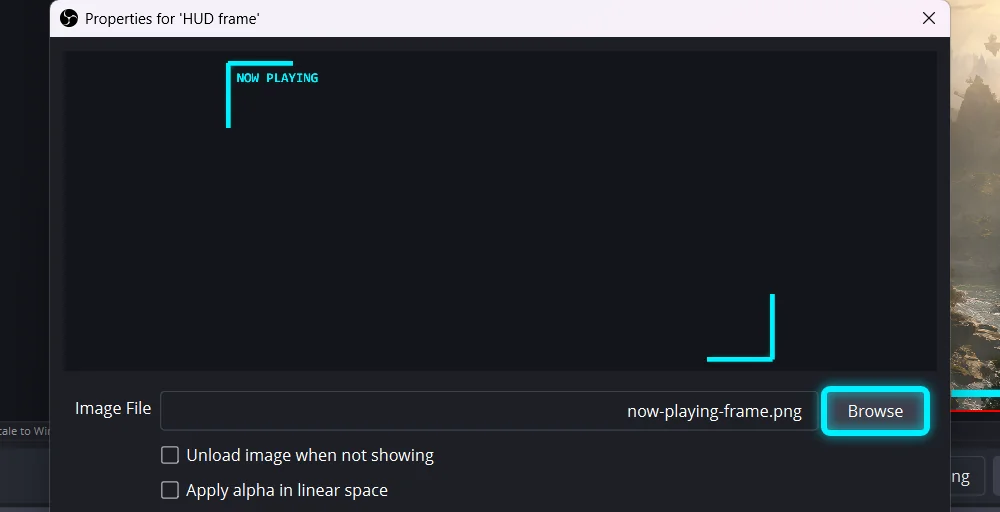 The Properties window of an Image source, previewing the Now Playing Frame, with the Browse button