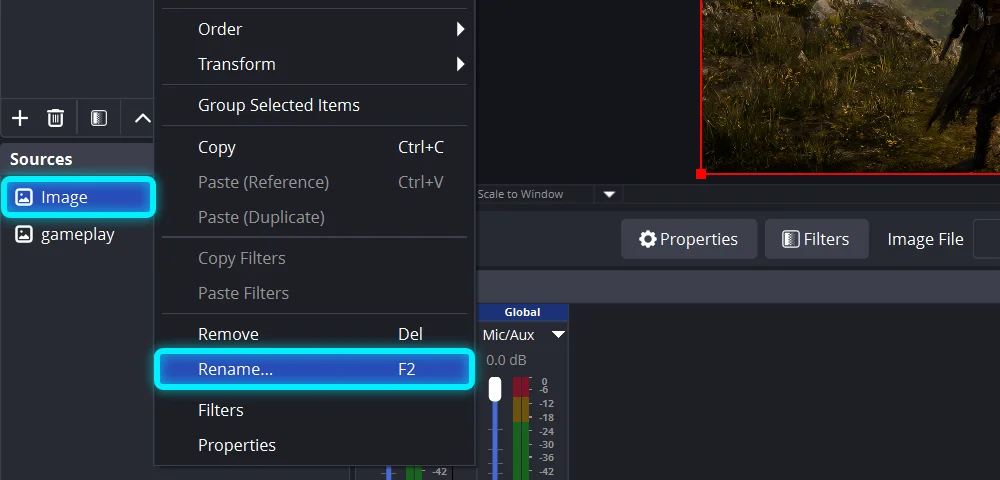 The right-click menu of a source called Image, with Rename highlighted