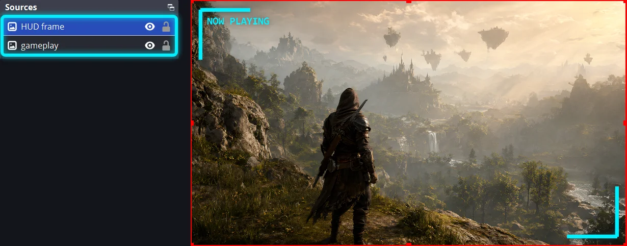 The Sources list with HUD frame above gameplay, beside the preview showing the Now Playing Frame over a fantasy game scene