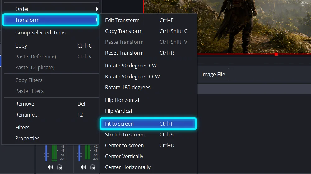 The right-click menu with Transform open and Fit to screen highlighted