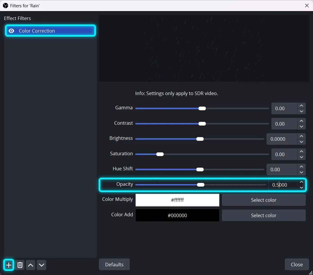 The Filters window for the Rain source with a Color Correction filter and Opacity set to 0.5
