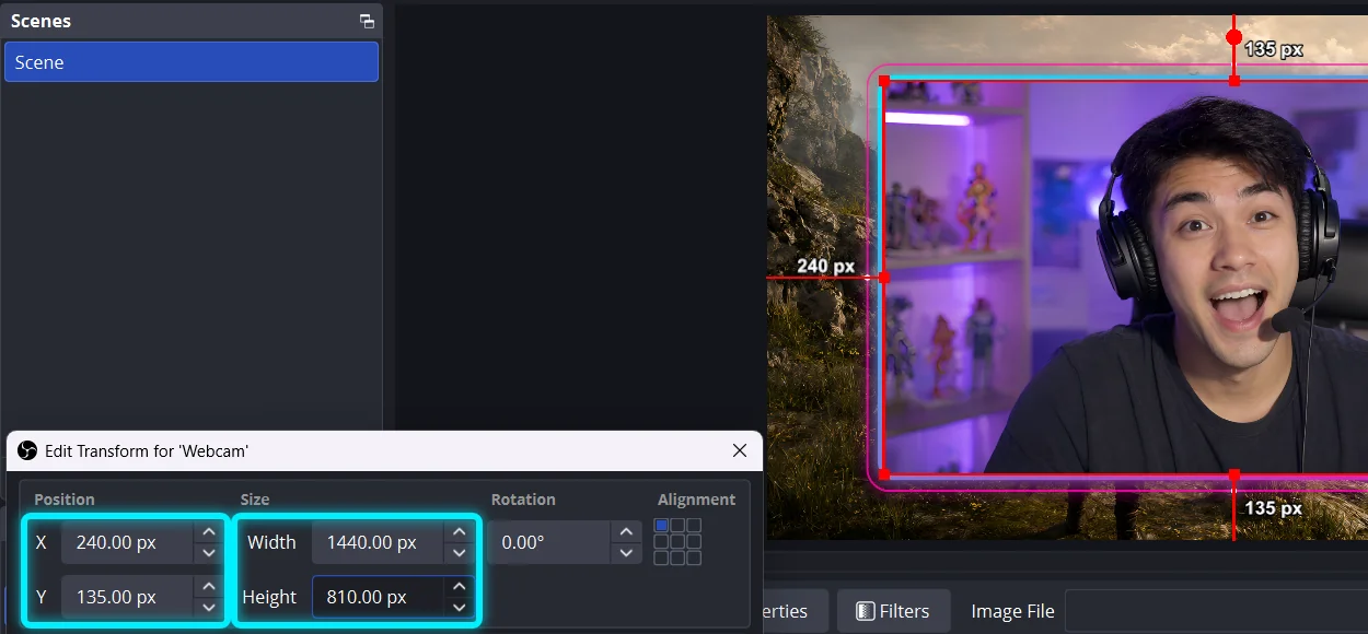 The Edit Transform window for the webcam with Position 240, 135 and Size 1440 by 810, next to the preview with a face filling the Neon Glow frame