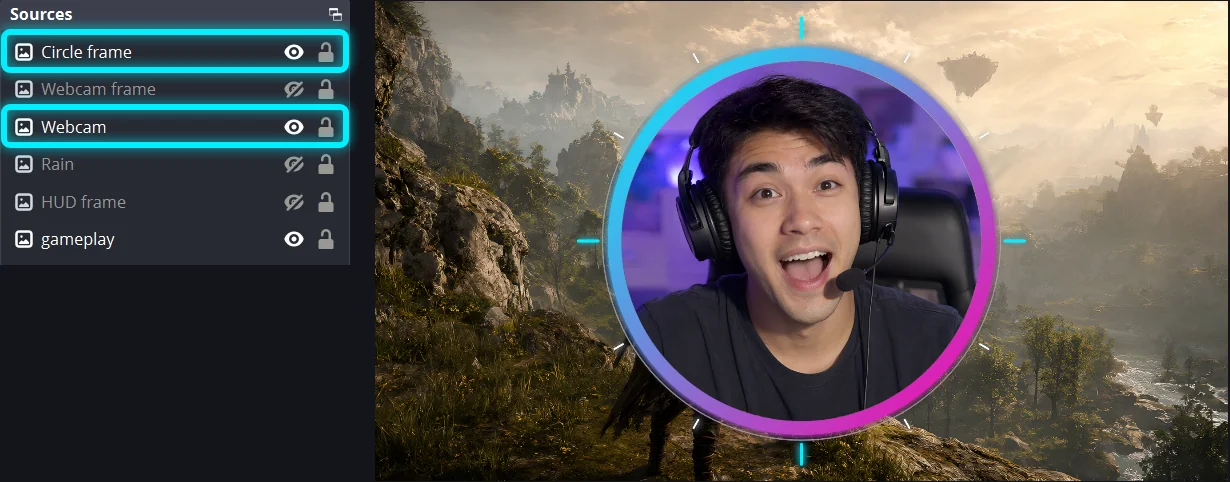 The Sources list with Circle frame above Webcam, beside the preview showing a round webcam inside the Circle Facecam Frame