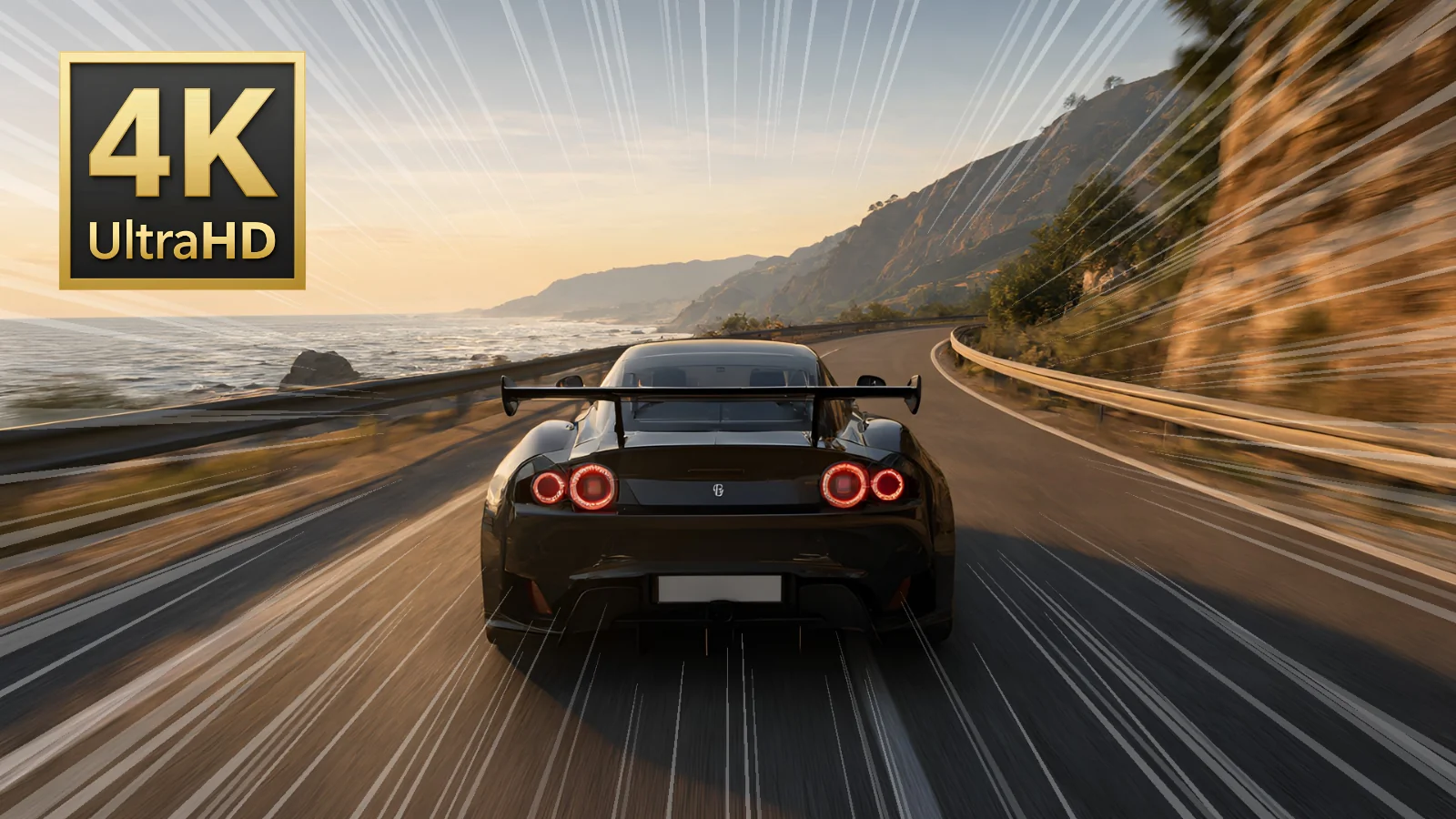 A 4K badge and speed lines on a racing game thumbnail, made in Photopea