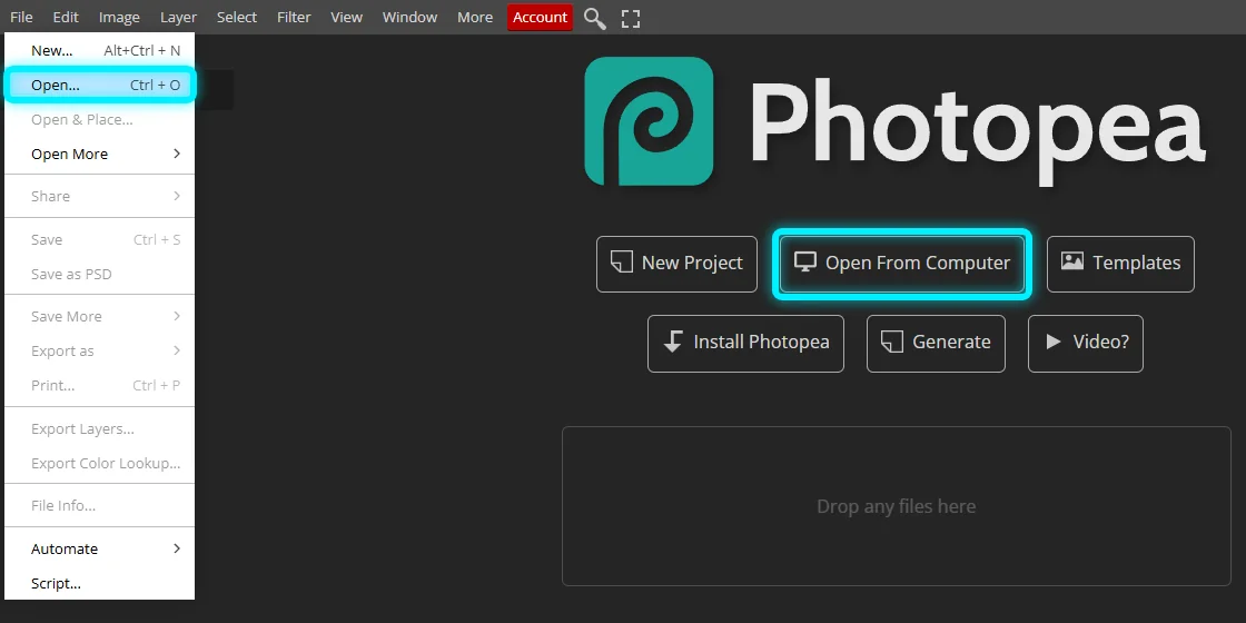 Photopea's File menu with Open highlighted, next to the Open From Computer button on the start screen