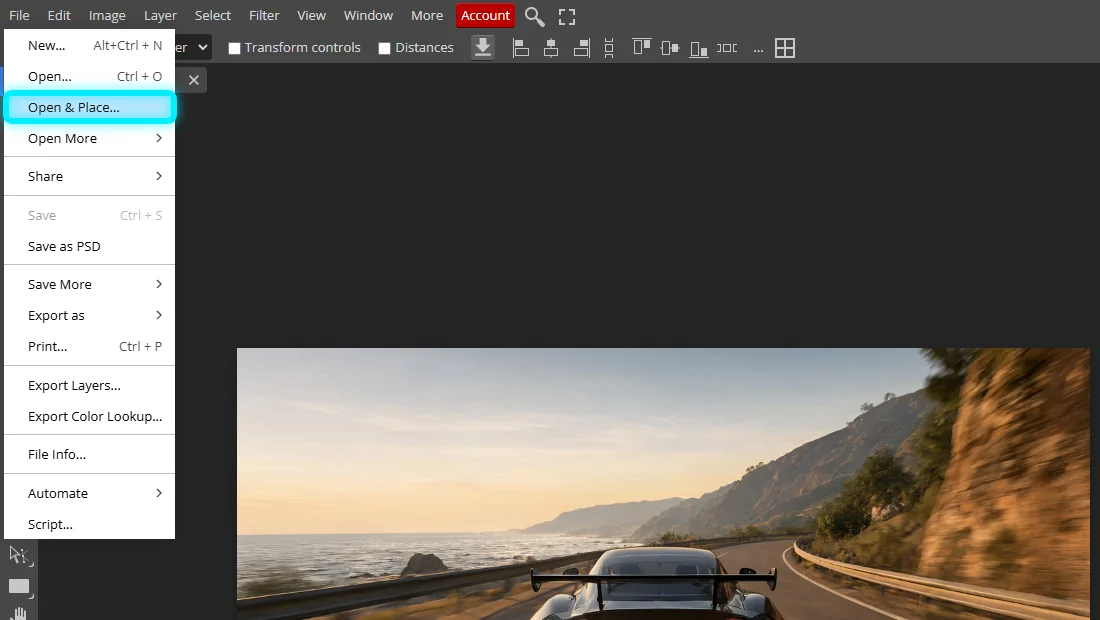Photopea's File menu with Open & Place highlighted, over an open racing game thumbnail