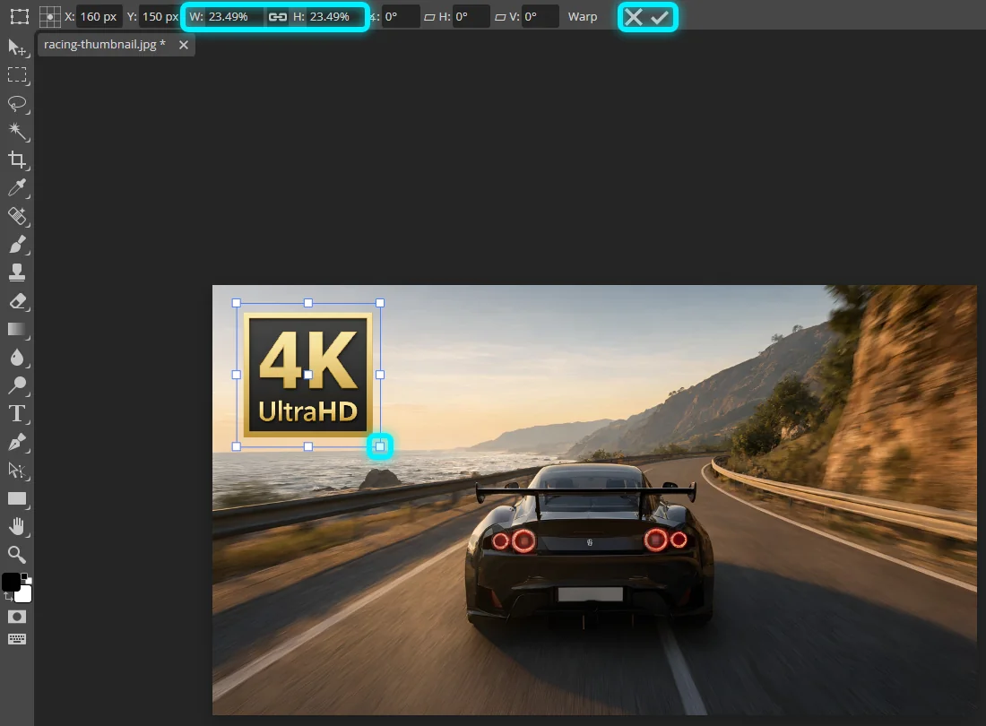 The 4K badge shrunk into the top-left corner of the thumbnail, with resize handles, and the W and H fields in Photopea's top bar