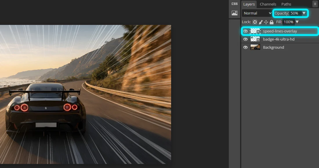Photopea's Layers panel with the Speed Lines Overlay layer selected and its Opacity set to 50%