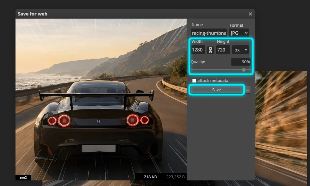 Photopea's Save for web window set to JPG, 1280 by 720, Quality 90%, with the Save button